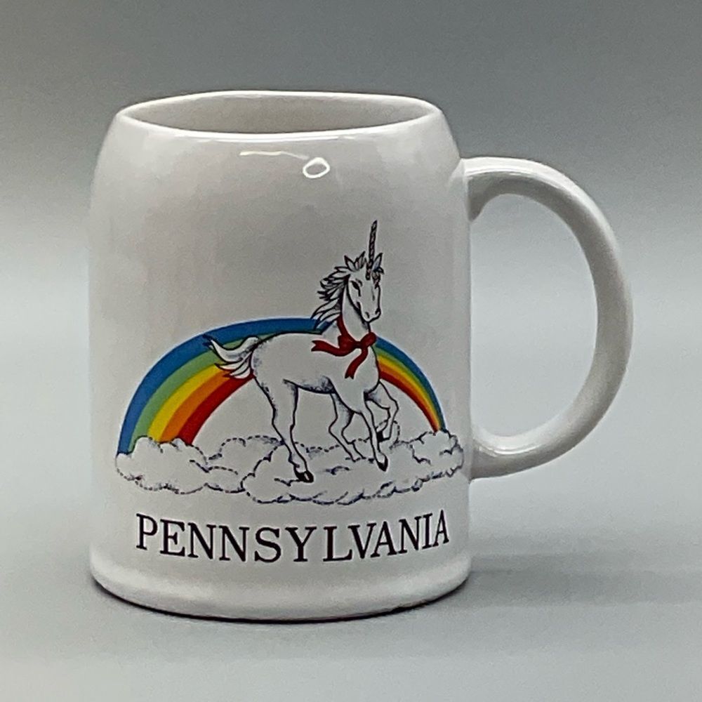 80s Pennsylvania Unicorn Rainbow White Ceramic Coffee Tea Mug Tankard Souvenir